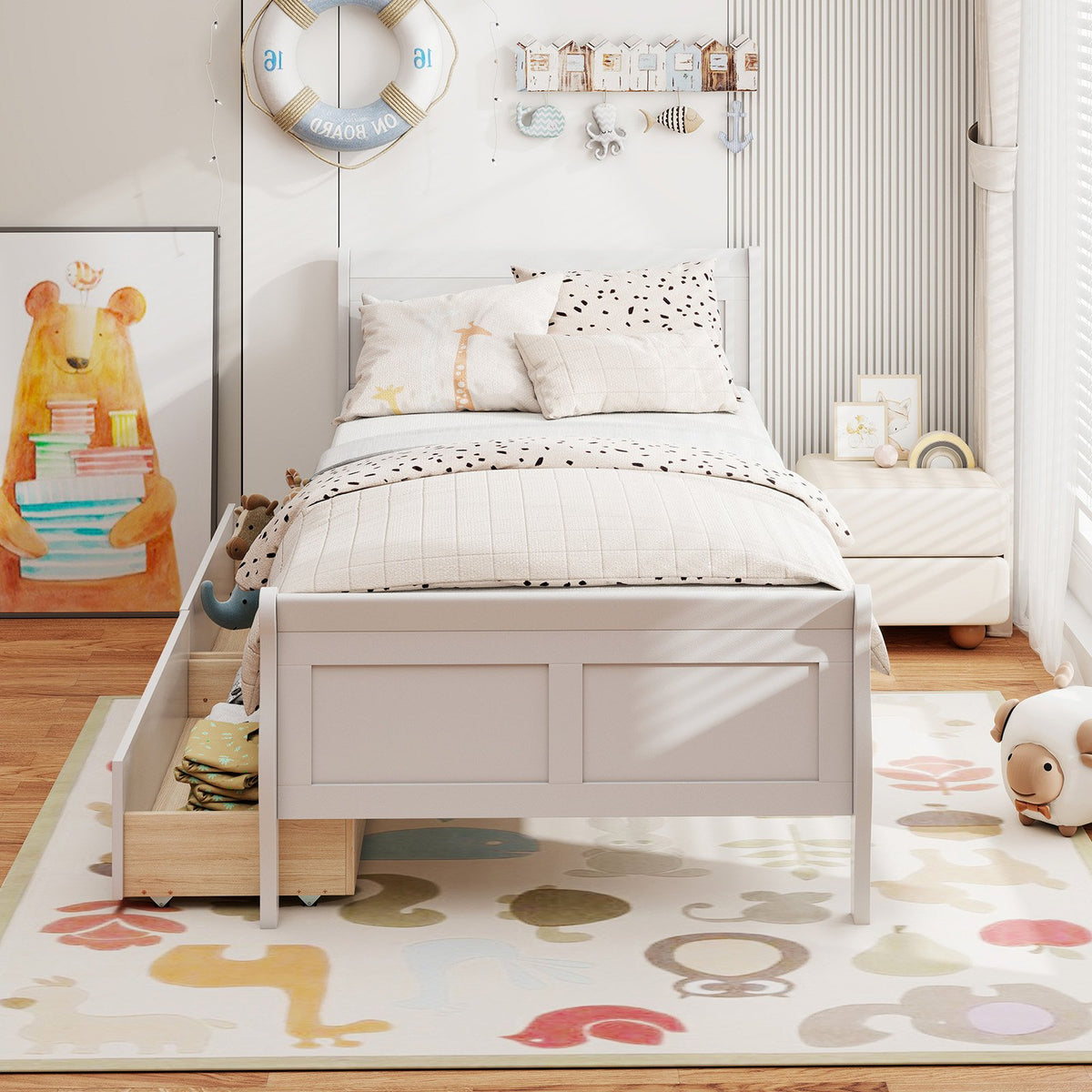 Twin Size Sleigh Bed with 2 Storage Drawers Wood Platform Bed Frame-White view 2