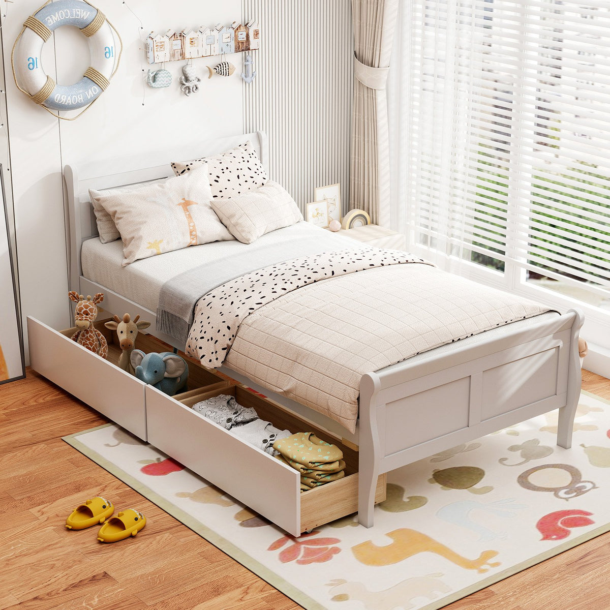 Twin Size Sleigh Bed with 2 Storage Drawers Wood Platform Bed Frame-White view 3