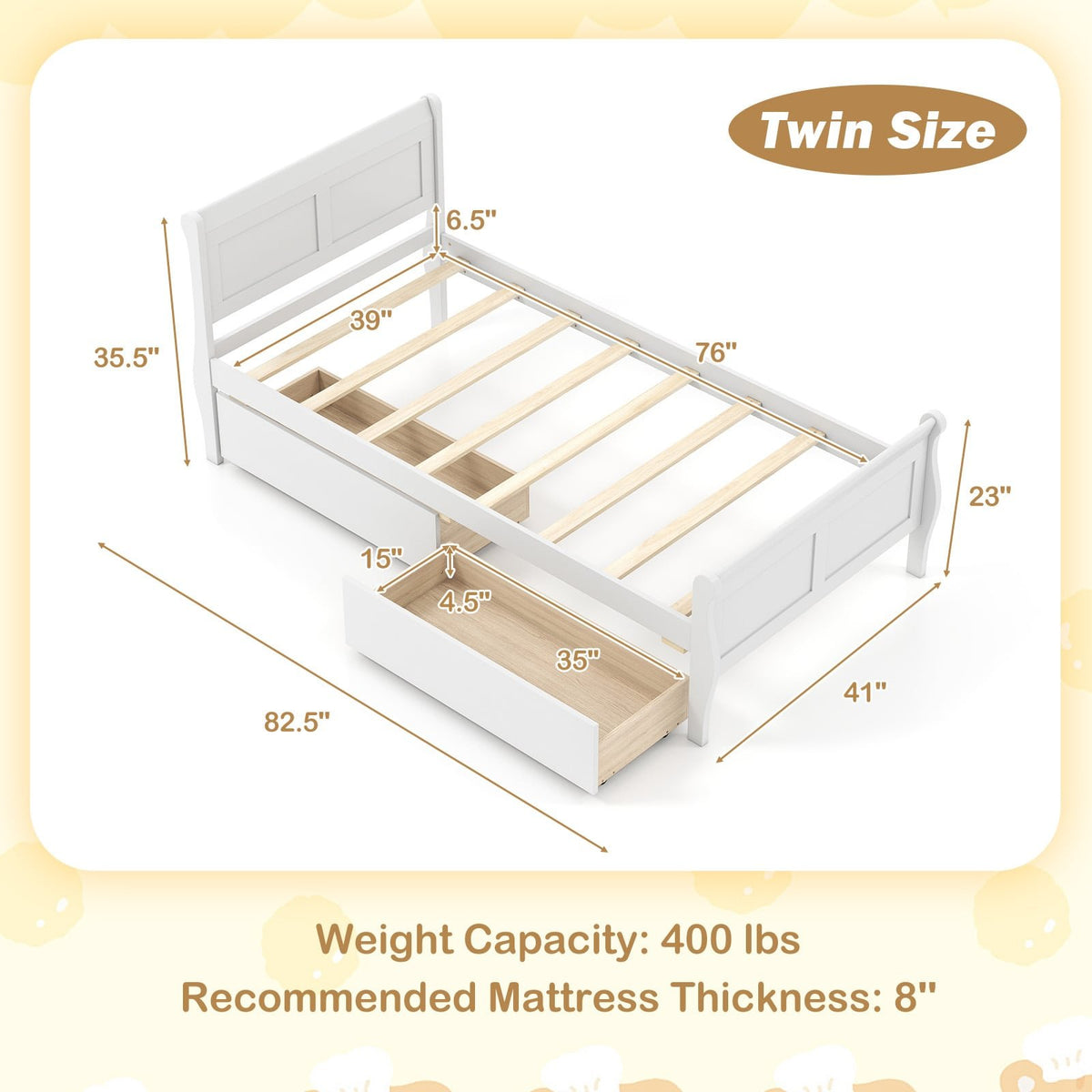 Twin Size Sleigh Bed with 2 Storage Drawers Wood Platform Bed Frame-White view 4