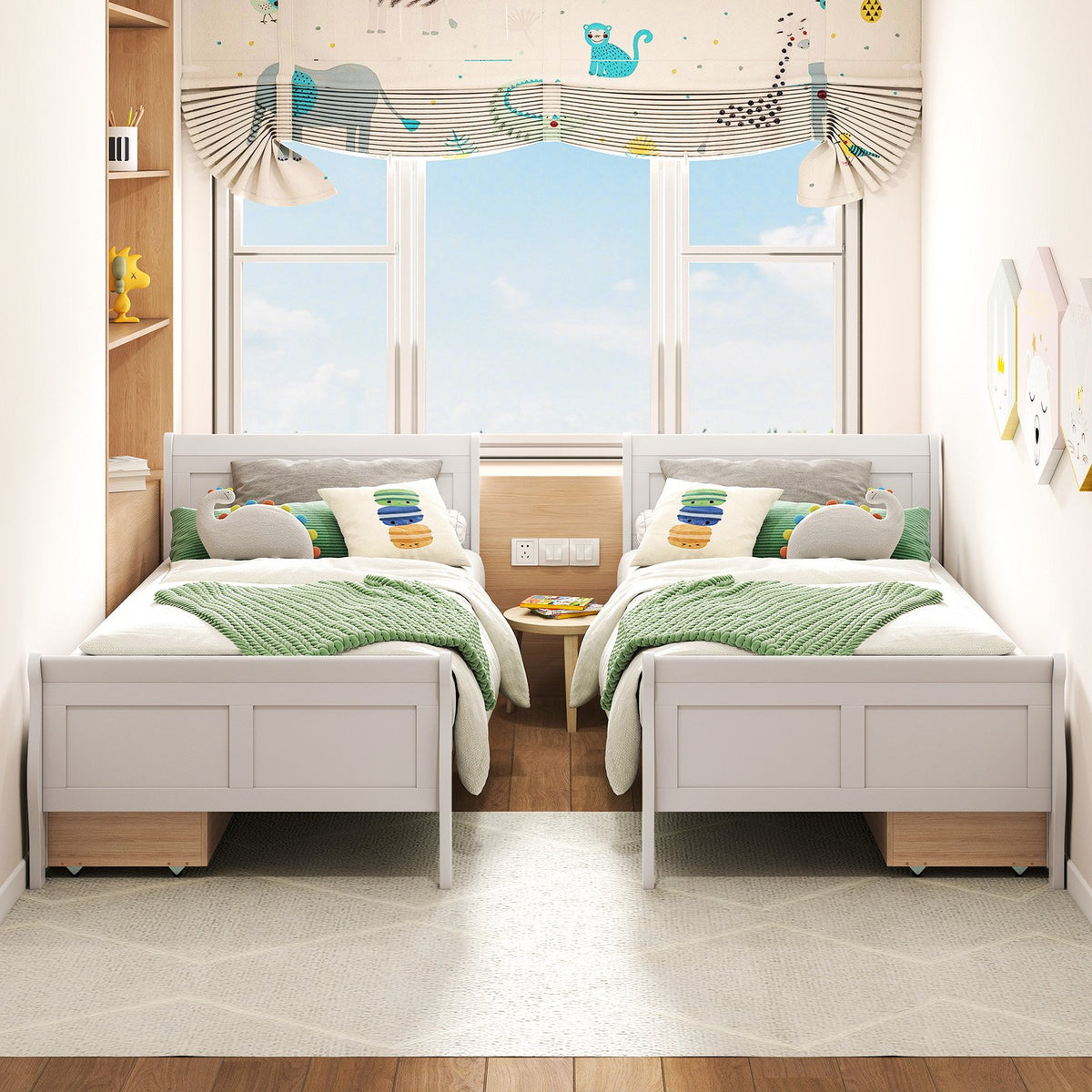 Twin Size Sleigh Bed with 2 Storage Drawers Wood Platform Bed Frame-White view 5