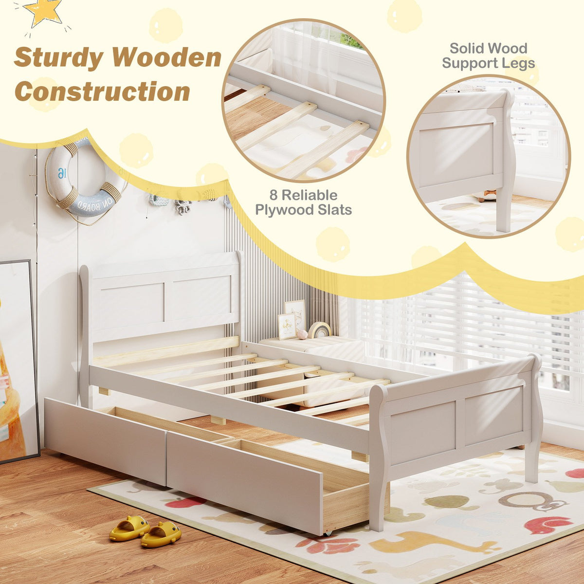 Twin Size Sleigh Bed with 2 Storage Drawers Wood Platform Bed Frame-White view 7