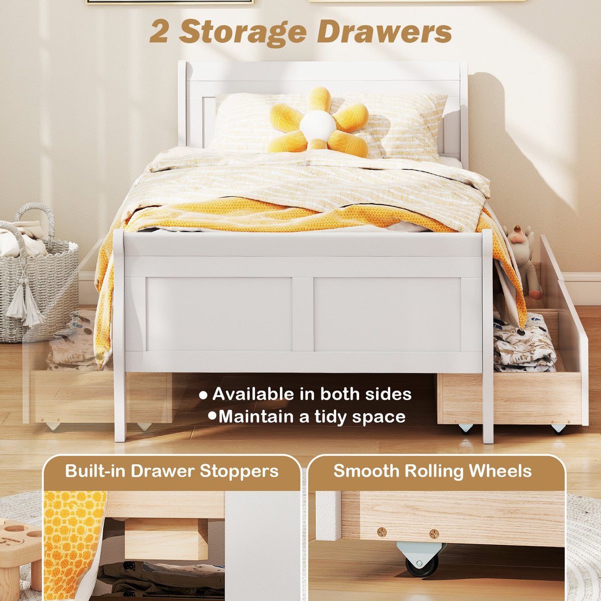 Twin Size Sleigh Bed with 2 Storage Drawers Wood Platform Bed Frame-White view 8