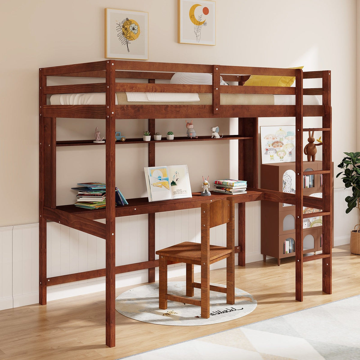 Twin Size Solid Wood Slatted Loft Bed Frame with Safety Guardrail for Kid-Brown view 2