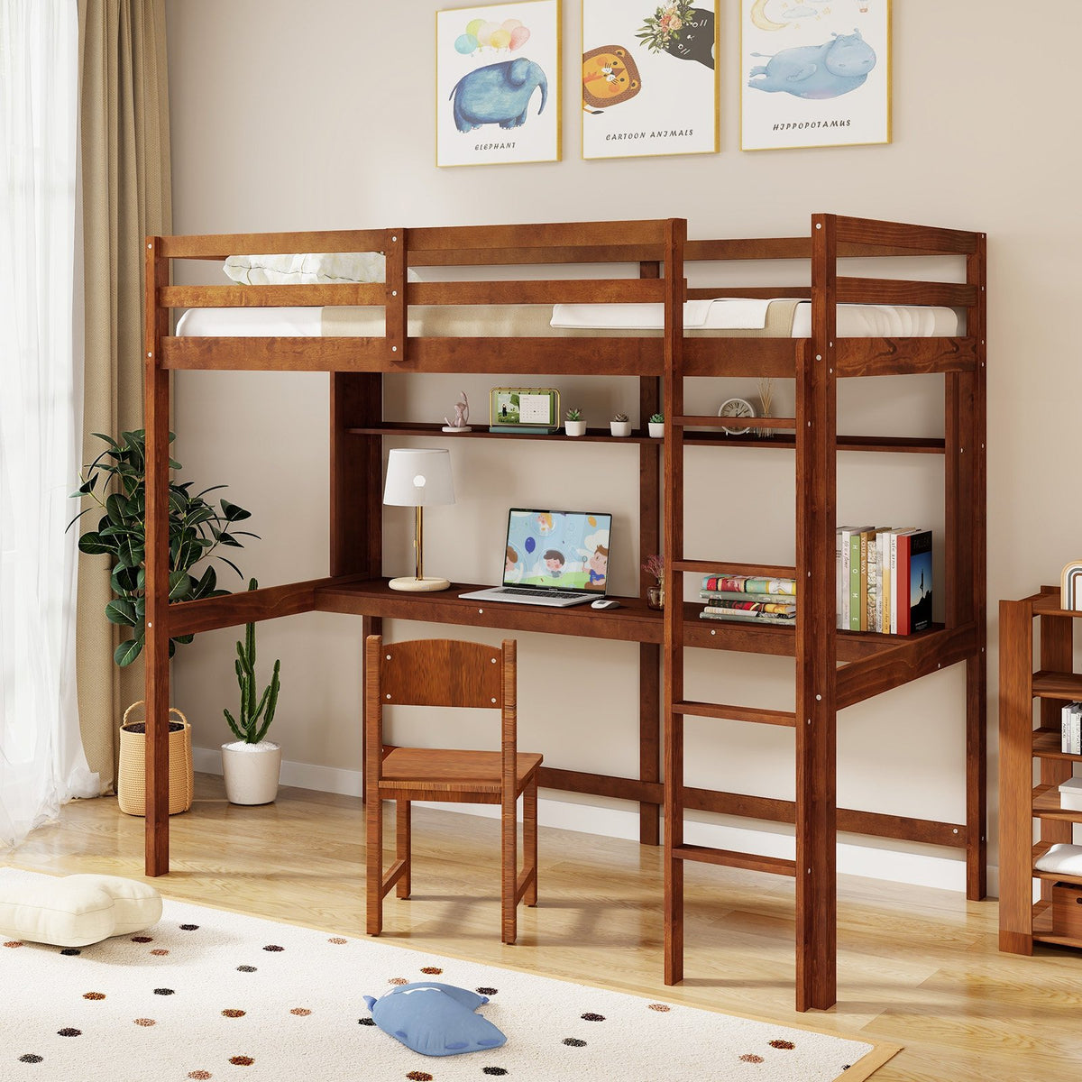 Twin Size Solid Wood Slatted Loft Bed Frame with Safety Guardrail for Kid-Brown view 3