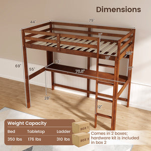 Twin Size Solid Wood Slatted Loft Bed Frame with Safety Guardrail for Kid-Brown view 4