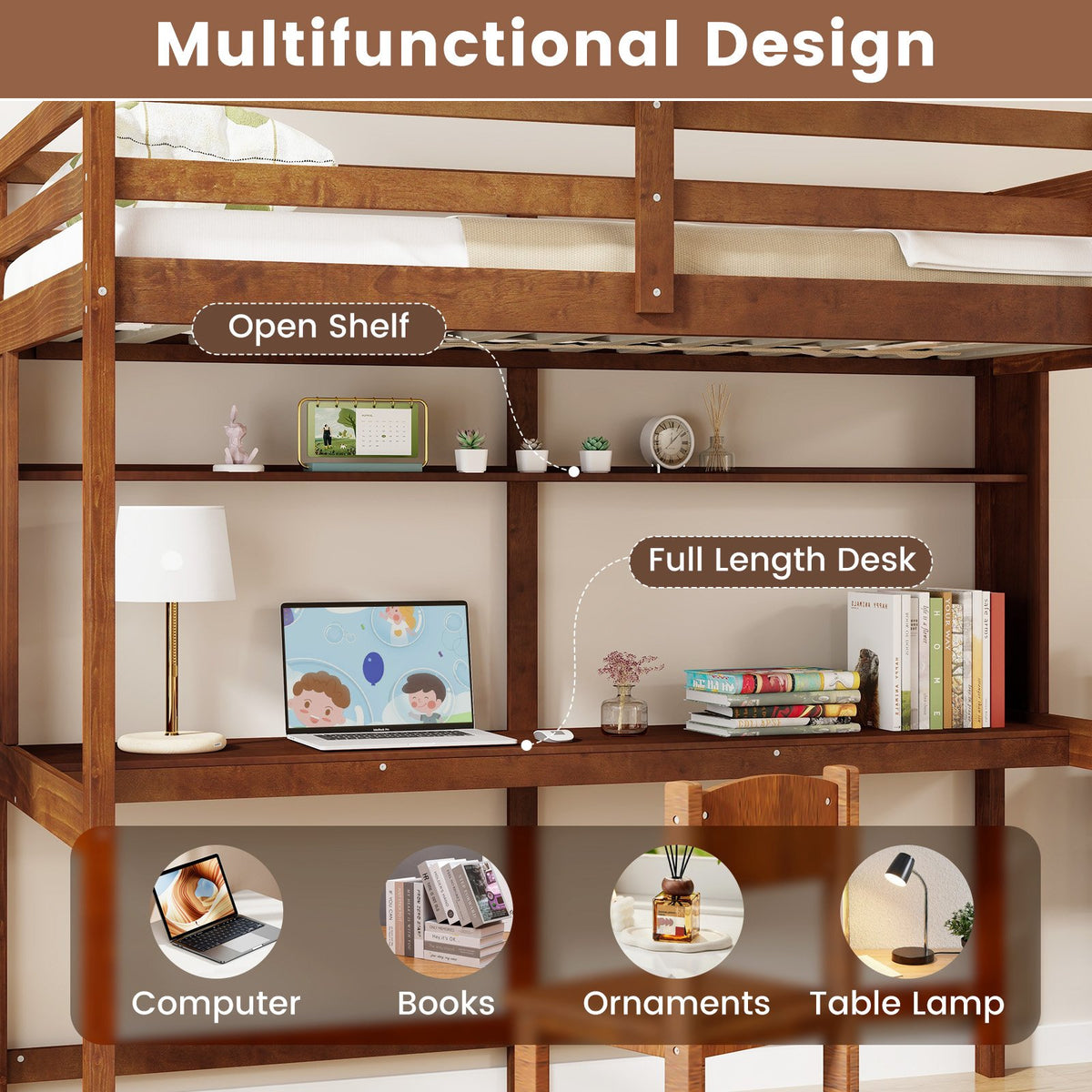 Twin Size Solid Wood Slatted Loft Bed Frame with Safety Guardrail for Kid-Brown view 5