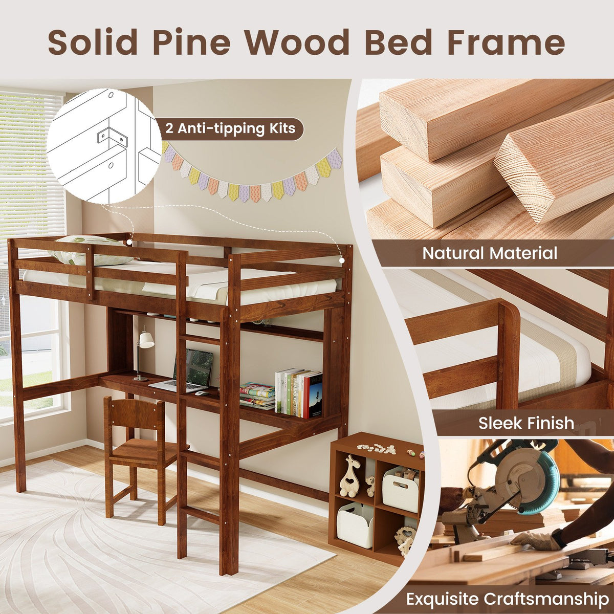 Twin Size Solid Wood Slatted Loft Bed Frame with Safety Guardrail for Kid-Brown view 6