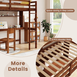 Twin Size Solid Wood Slatted Loft Bed Frame with Safety Guardrail for Kid-Brown view 7