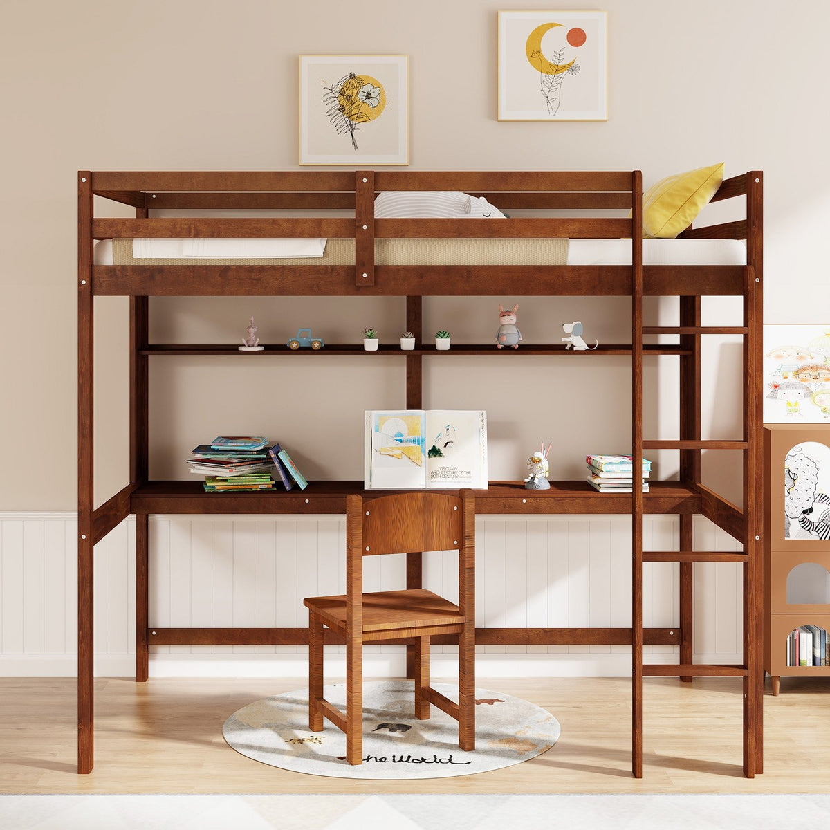 Twin Size Solid Wood Slatted Loft Bed Frame with Safety Guardrail for Kid-Brown view 8