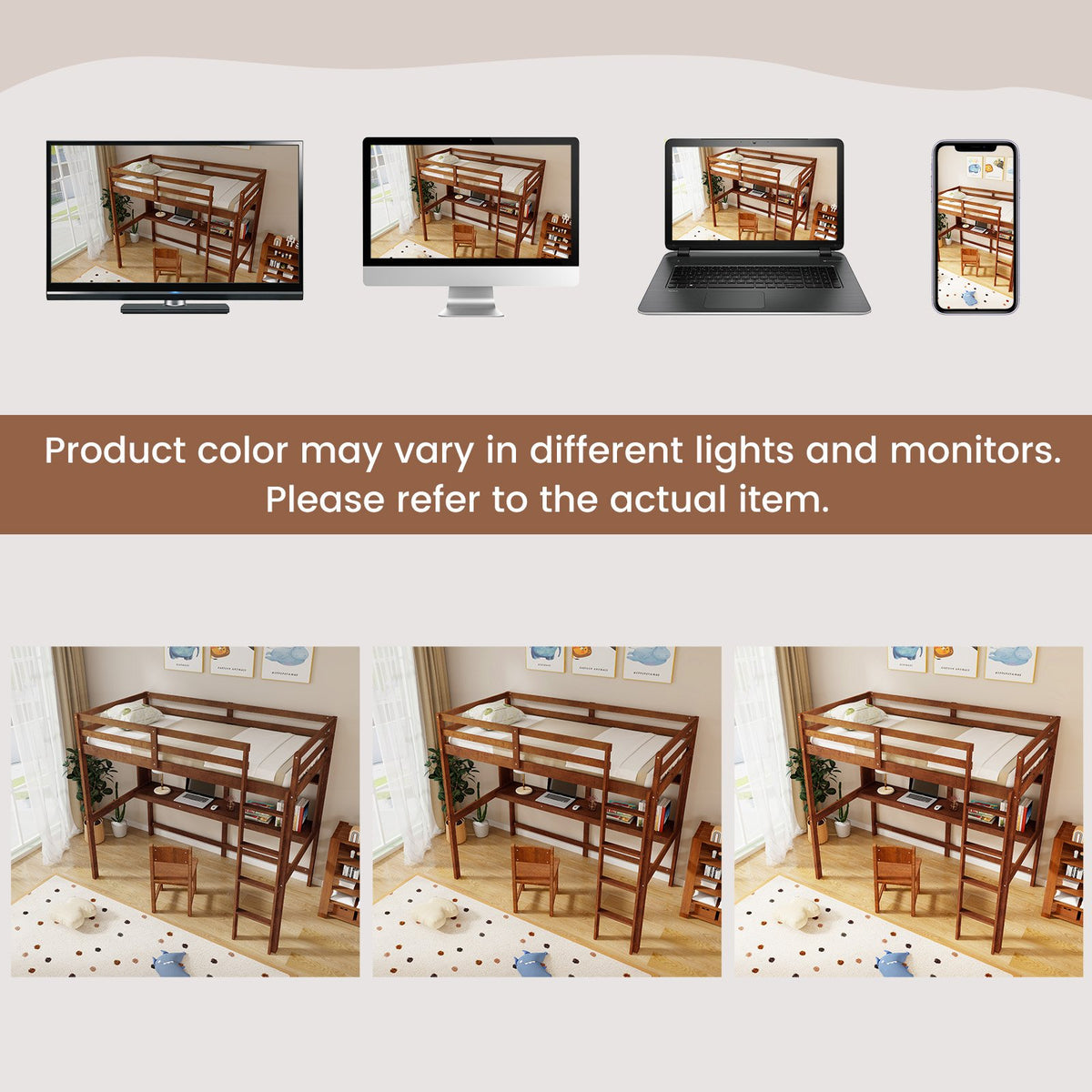 Twin Size Solid Wood Slatted Loft Bed Frame with Safety Guardrail for Kid-Brown view 9