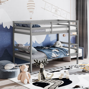 Twin Size Sturdy Wooden Bunk Beds with Ladder and Safety Rail-Gray view 2
