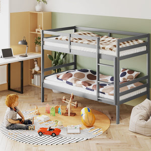 Twin Size Sturdy Wooden Bunk Beds with Ladder and Safety Rail-Gray view 3