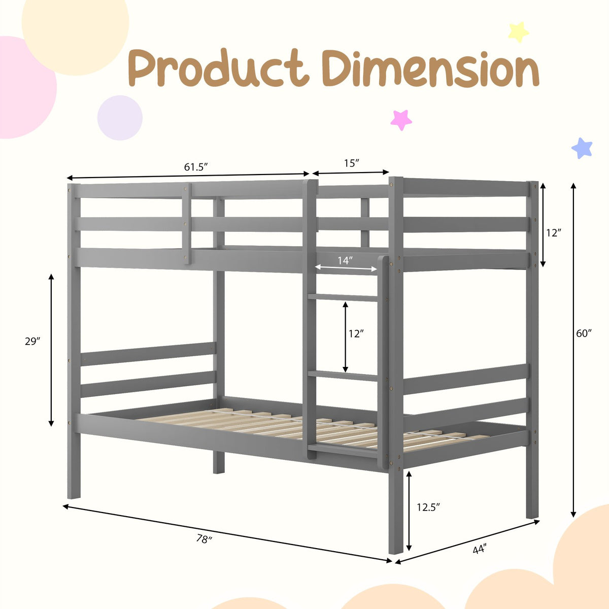 Twin Size Sturdy Wooden Bunk Beds with Ladder and Safety Rail-Gray view 4