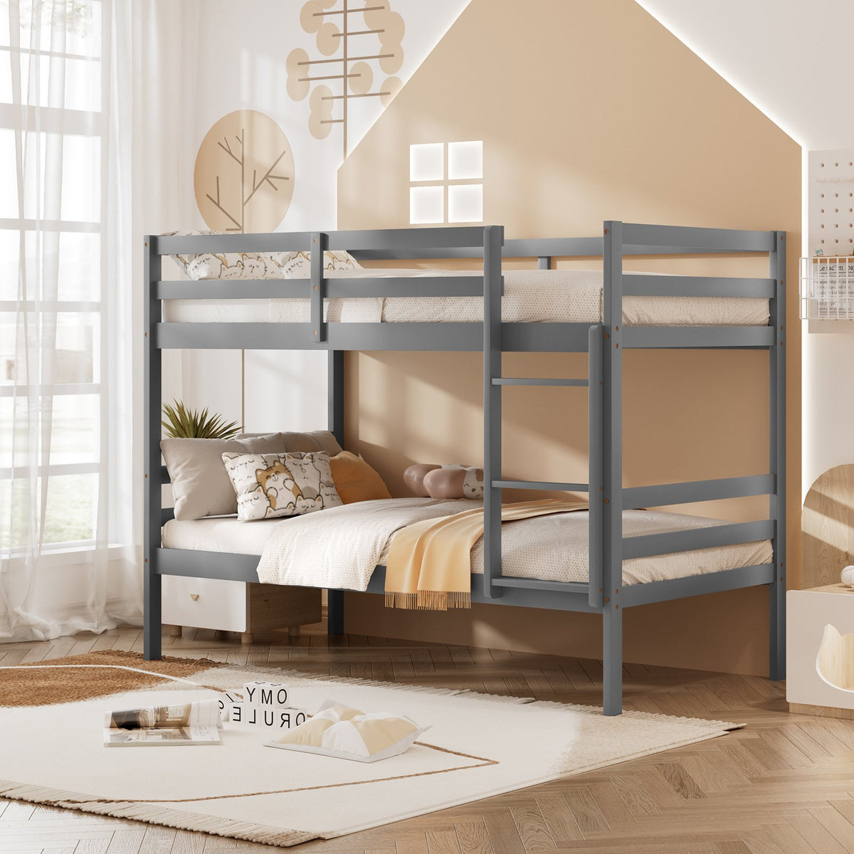 Twin Size Sturdy Wooden Bunk Beds with Ladder and Safety Rail-Gray view 5
