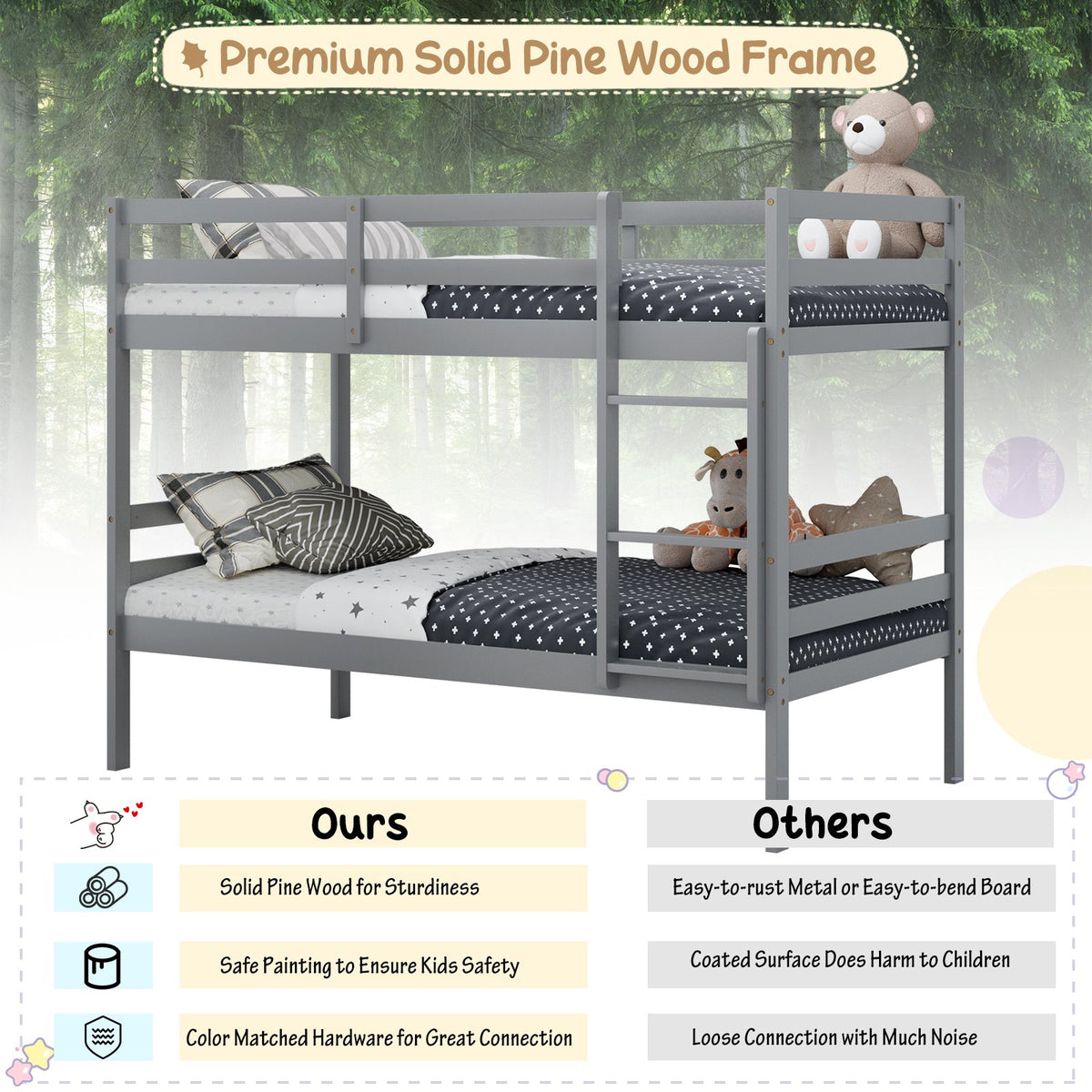 Twin Size Sturdy Wooden Bunk Beds with Ladder and Safety Rail-Gray view 7