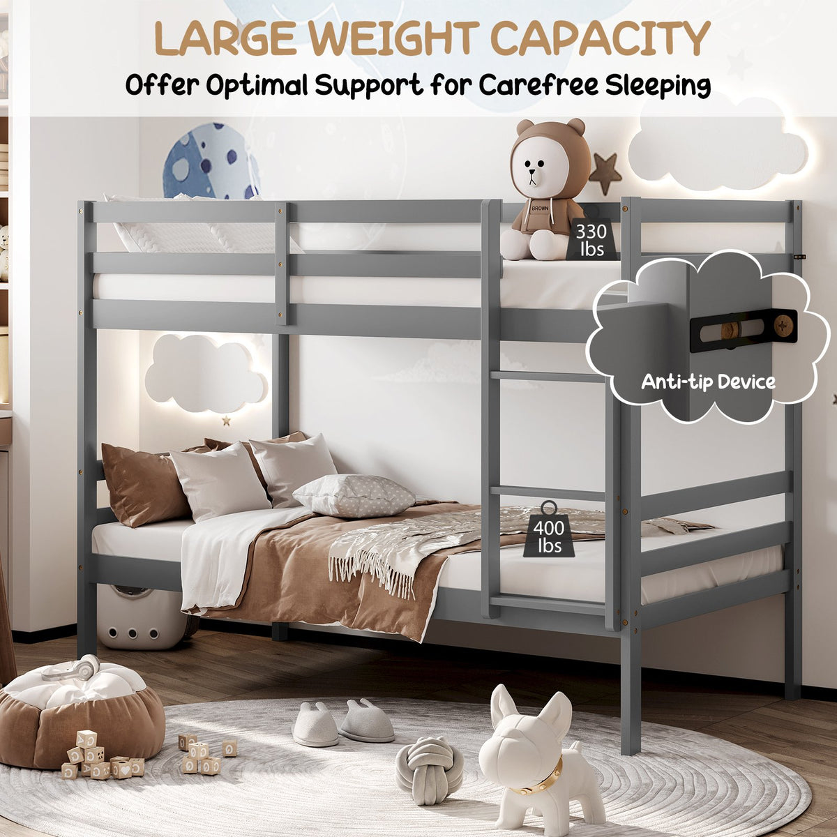 Twin Size Sturdy Wooden Bunk Beds with Ladder and Safety Rail-Gray view 9