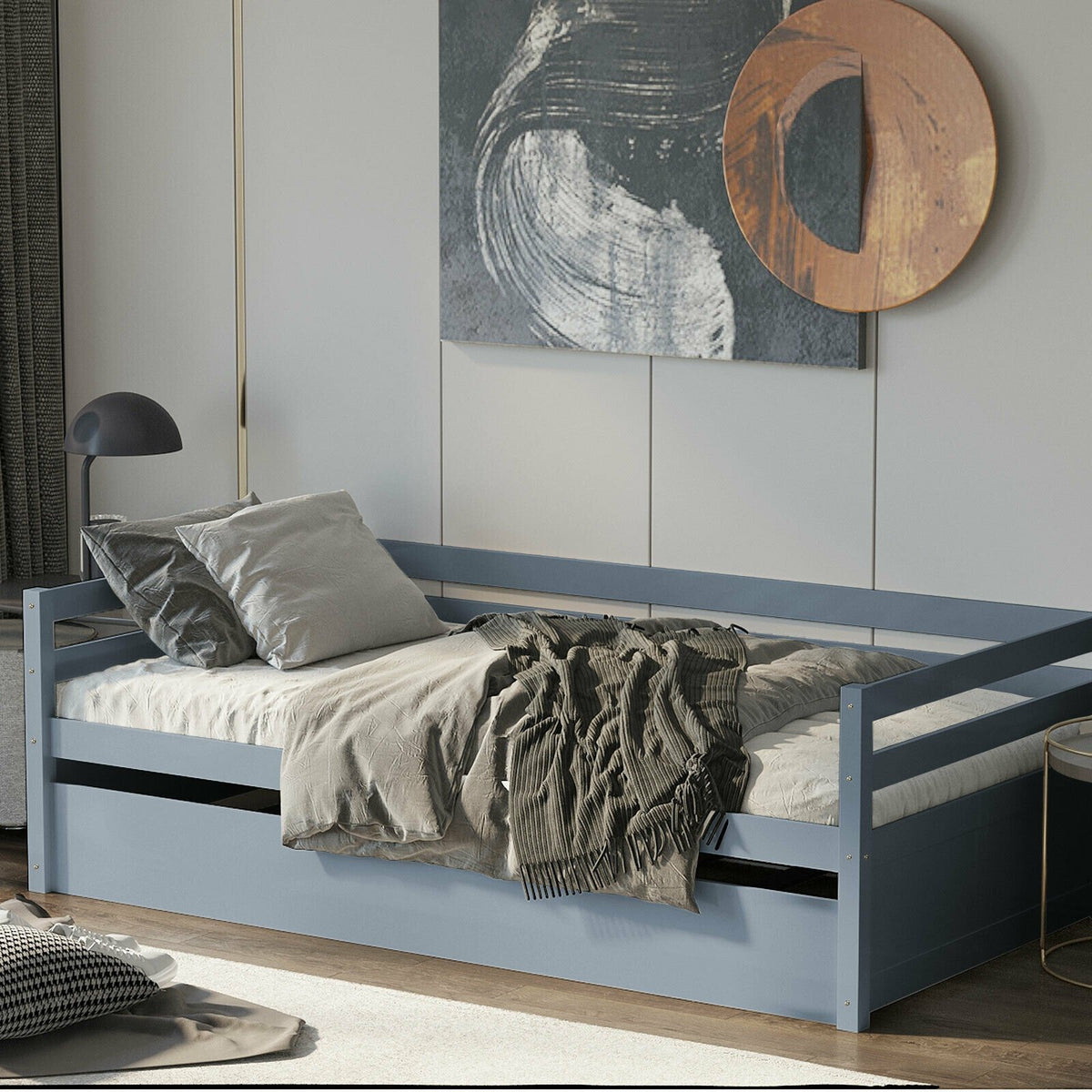 Twin Size Trundle Platform Bed Frame with, Wooden Slat Support-Gray view 2