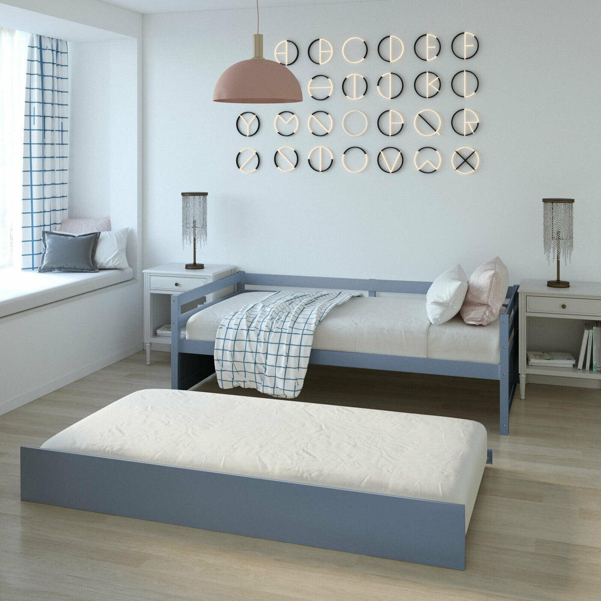 Twin Size Trundle Platform Bed Frame with, Wooden Slat Support-Gray view 3