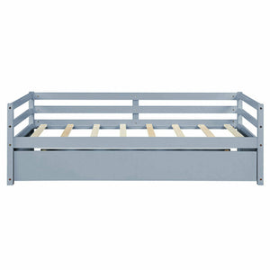 Twin Size Trundle Platform Bed Frame with, Wooden Slat Support-Gray view 4