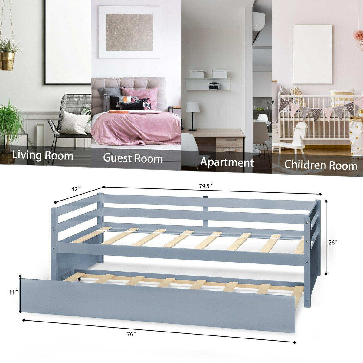 Twin Size Trundle Platform Bed Frame with, Wooden Slat Support-Gray view 5
