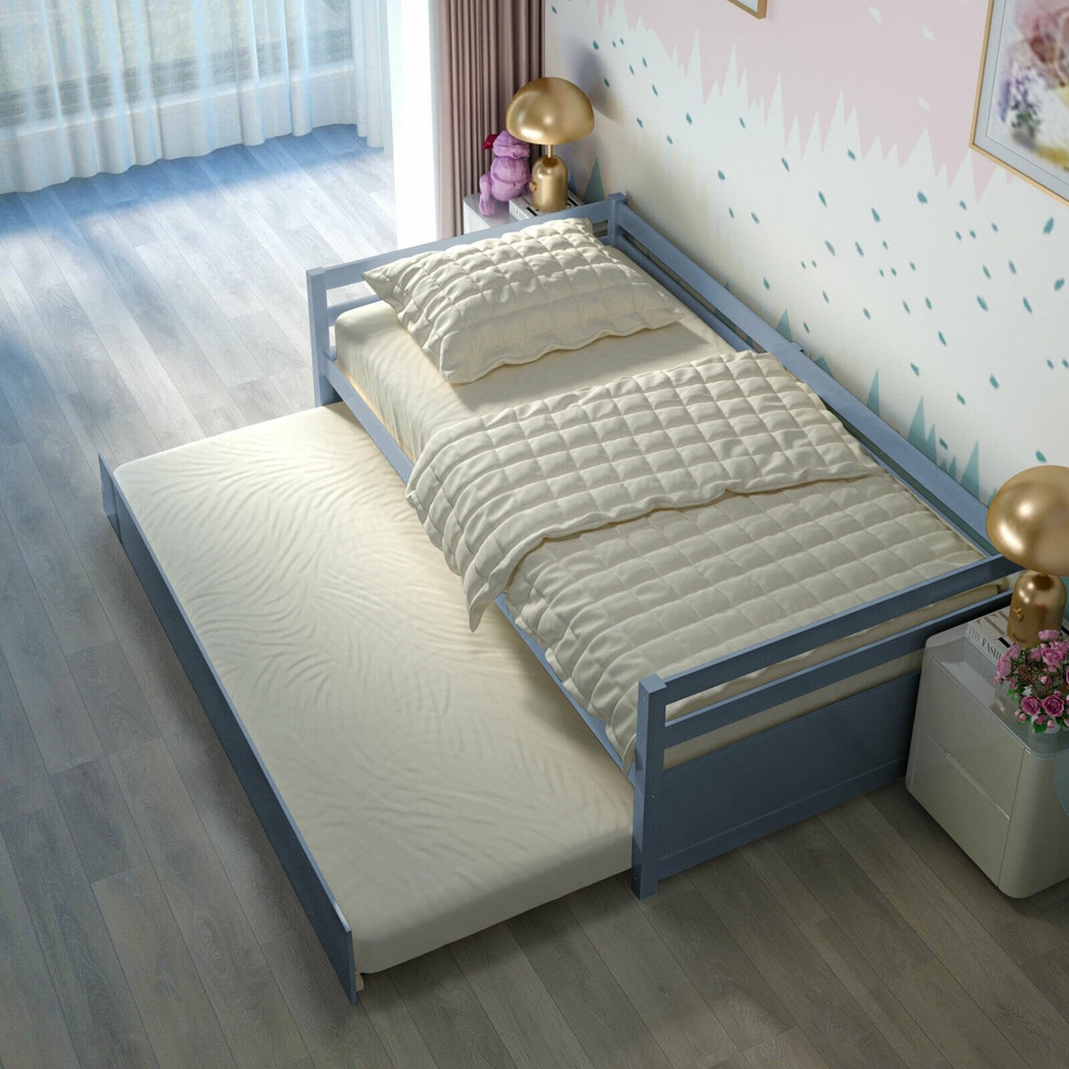 Twin Size Trundle Platform Bed Frame with, Wooden Slat Support-Gray view 6