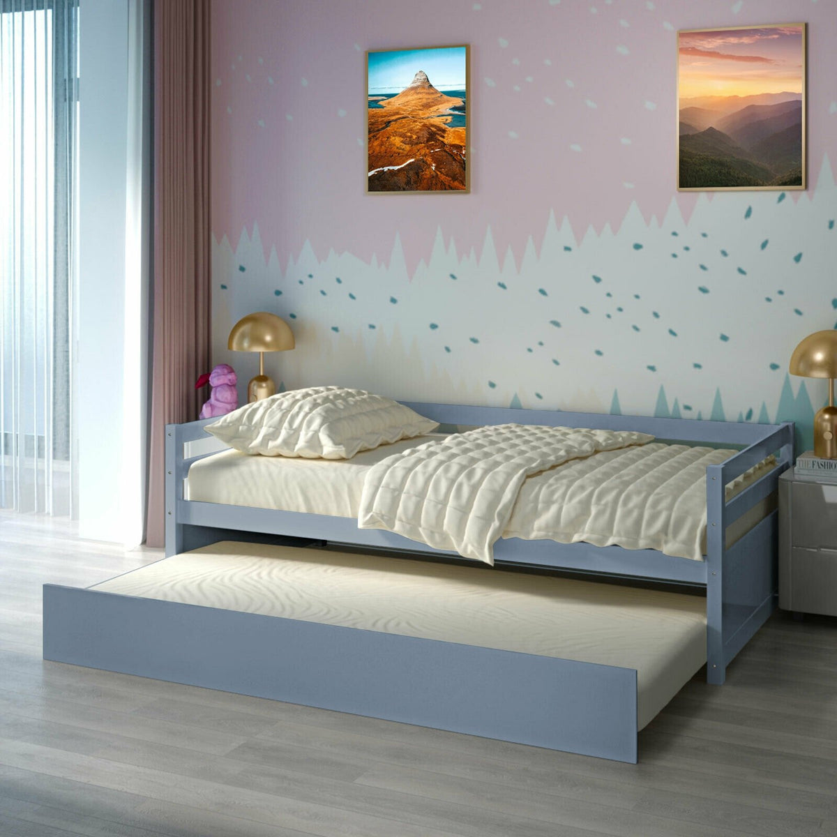 Twin Size Trundle Platform Bed Frame with, Wooden Slat Support-Gray view 8