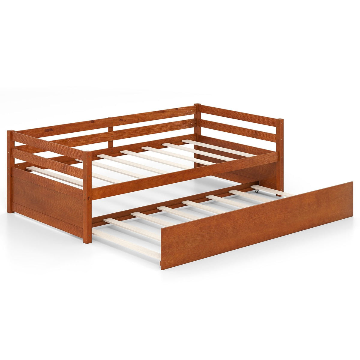 Twin Size Trundle Platform Bed Frame with, Wooden Slat Support-Walnut