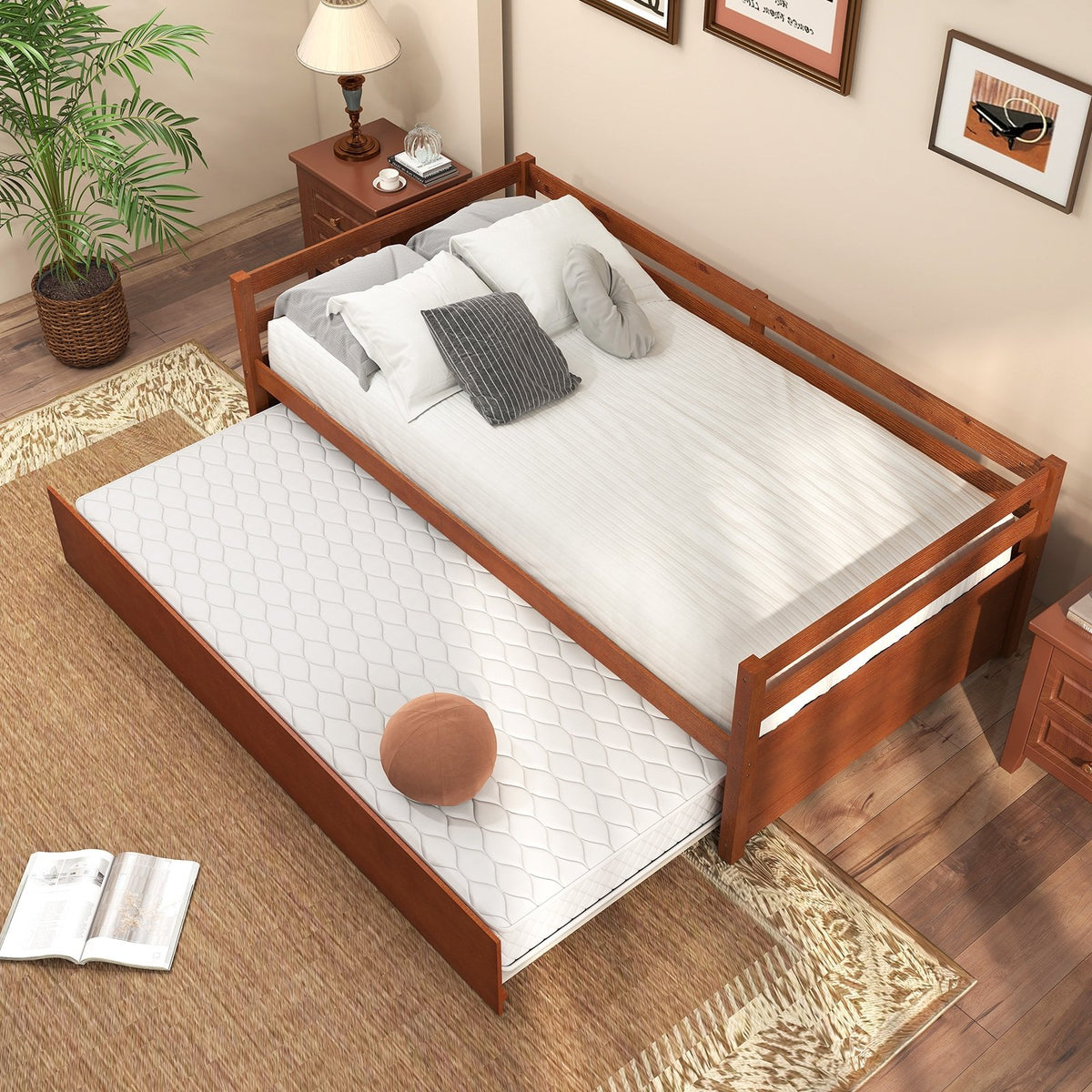 Twin Size Trundle Platform Bed Frame with, Wooden Slat Support-Walnut view 2