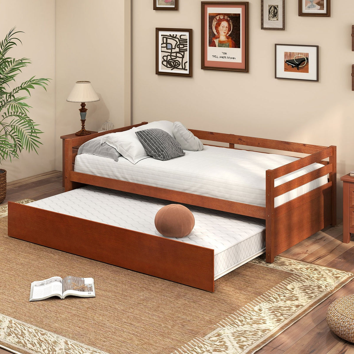 Twin Size Trundle Platform Bed Frame with, Wooden Slat Support-Walnut view 3