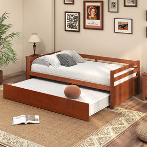 Twin Size Trundle Platform Bed Frame with, Wooden Slat Support-Walnut view 3