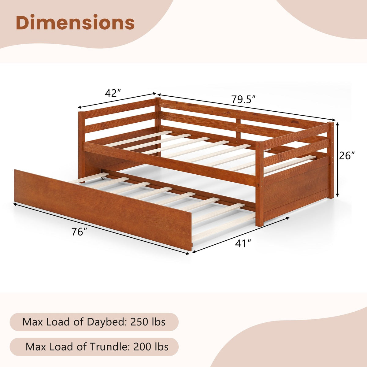 Twin Size Trundle Platform Bed Frame with, Wooden Slat Support-Walnut view 4