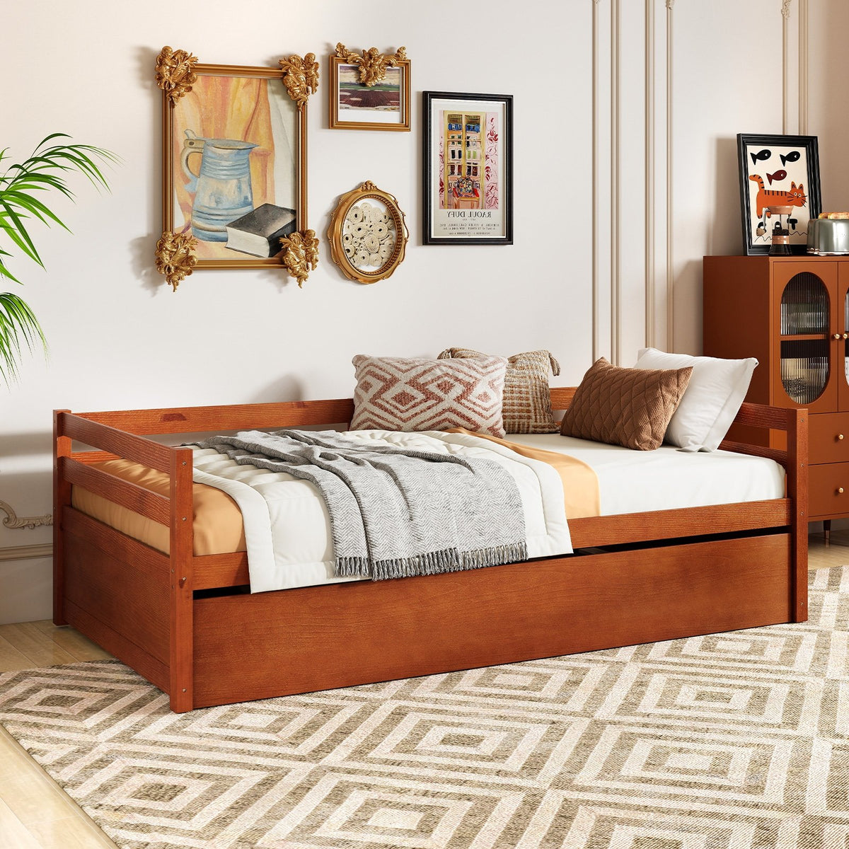 Twin Size Trundle Platform Bed Frame with, Wooden Slat Support-Walnut view 5