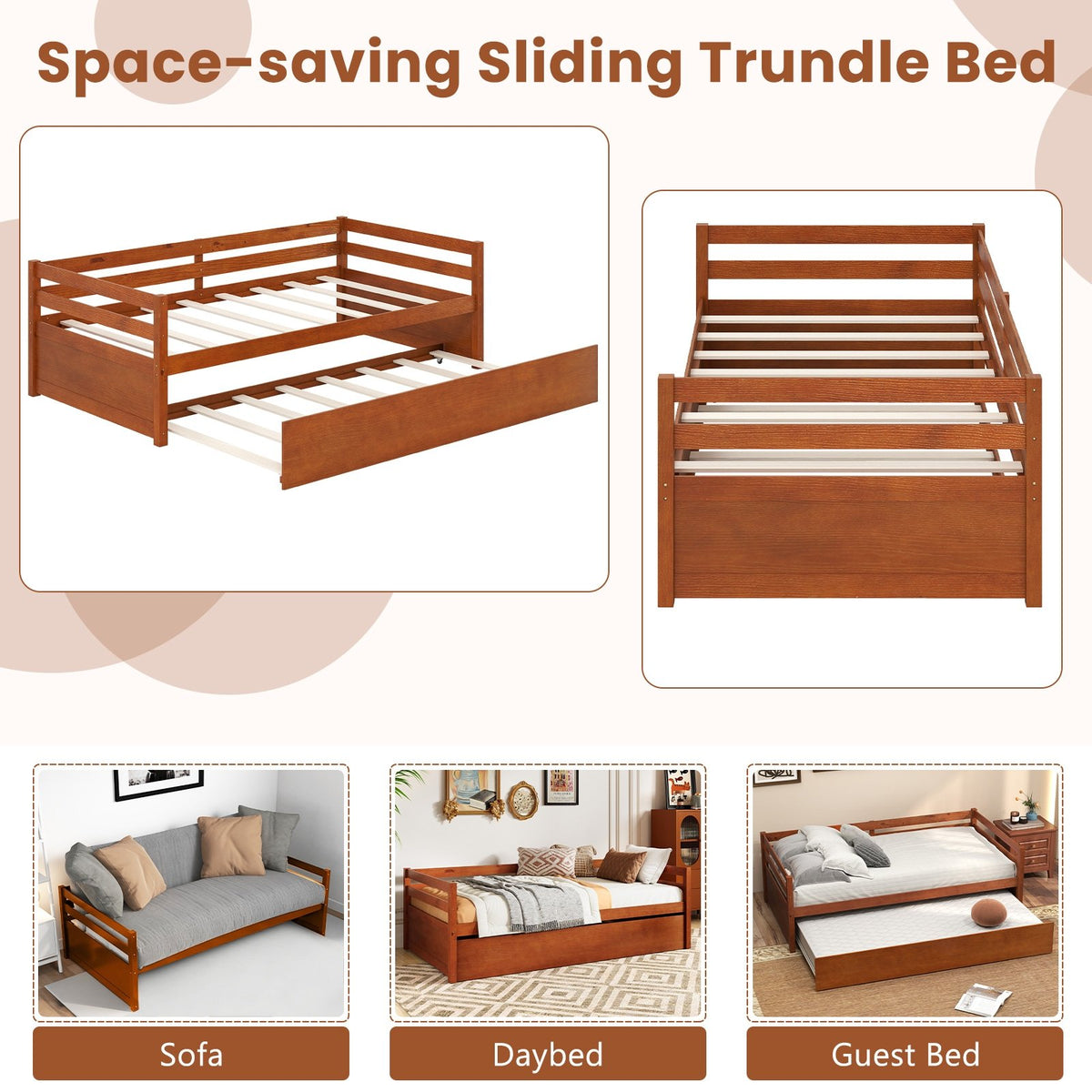 Twin Size Trundle Platform Bed Frame with, Wooden Slat Support-Walnut view 6