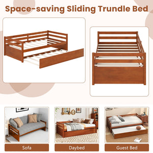 Twin Size Trundle Platform Bed Frame with, Wooden Slat Support-Walnut view 6