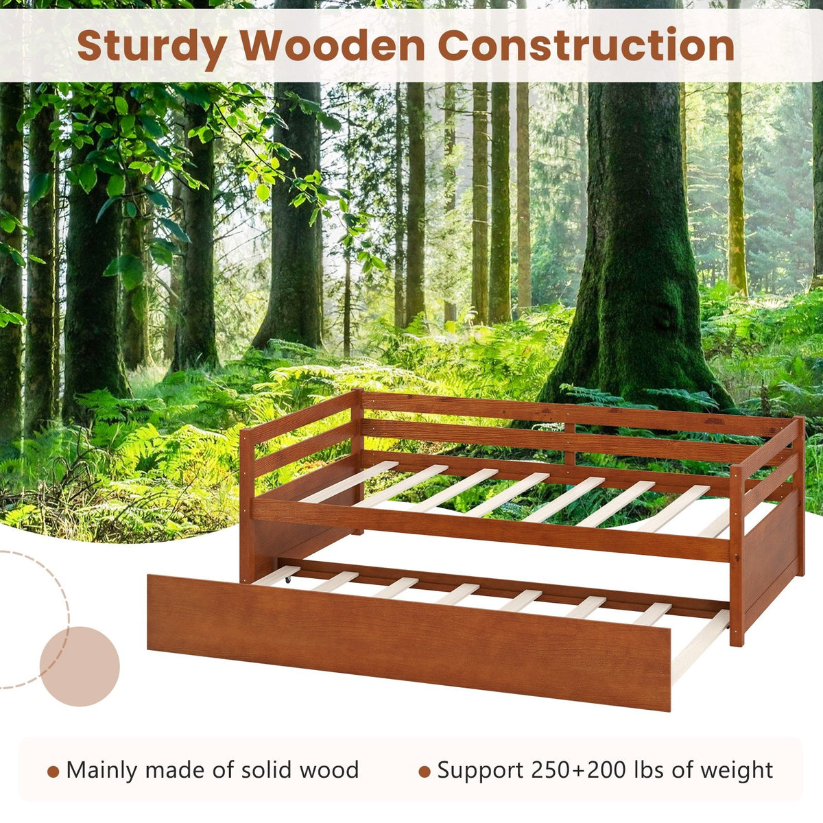 Twin Size Trundle Platform Bed Frame with, Wooden Slat Support-Walnut view 7