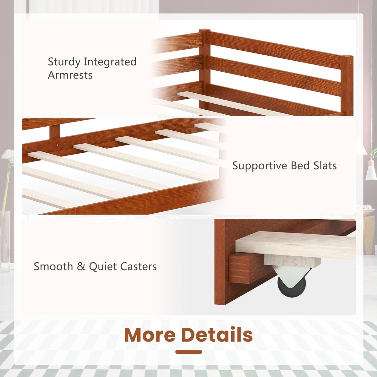 Twin Size Trundle Platform Bed Frame with, Wooden Slat Support-Walnut view 8