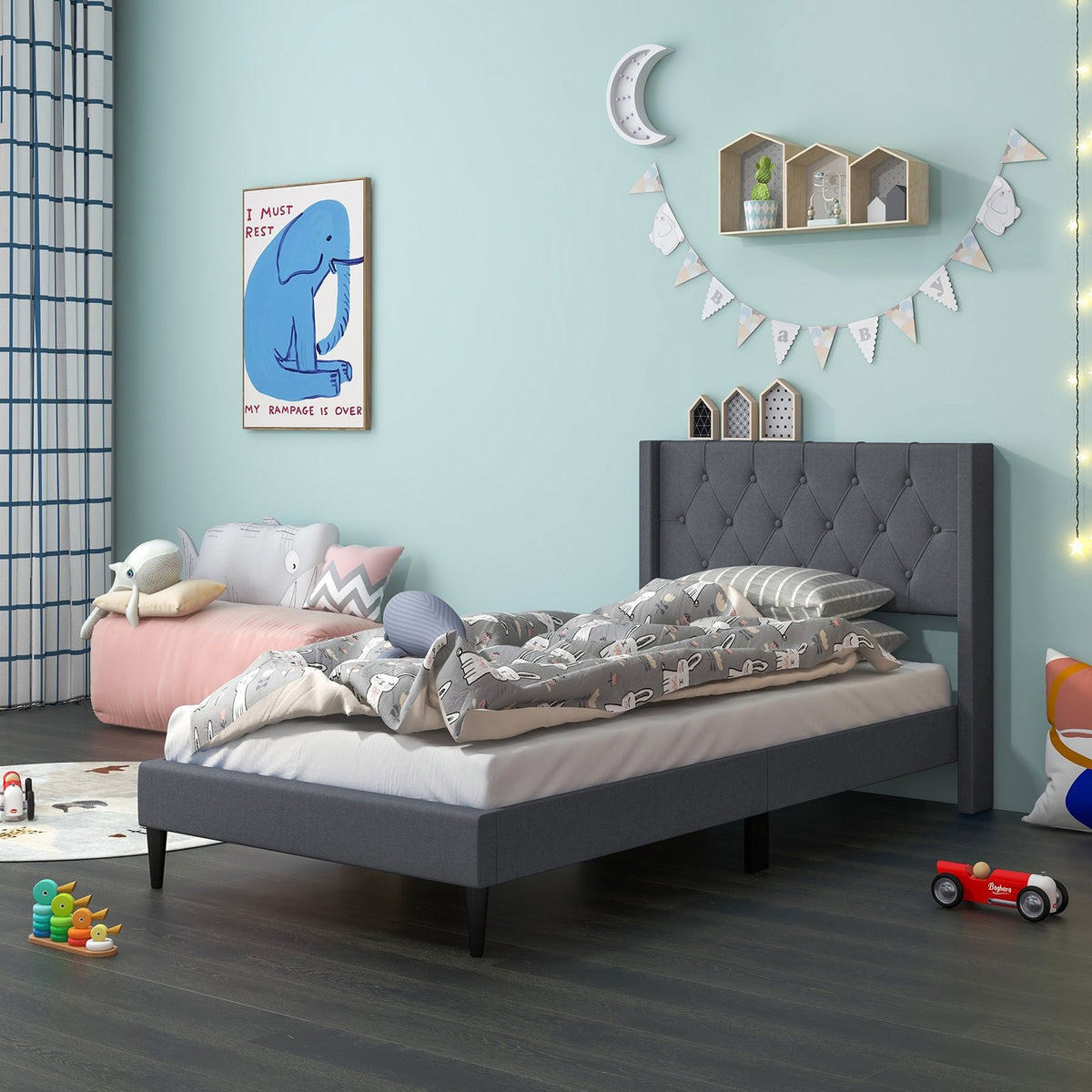 Twin Size Upholstered Platform Bed with Button Tufted Wingback Headboard-Gray view 5