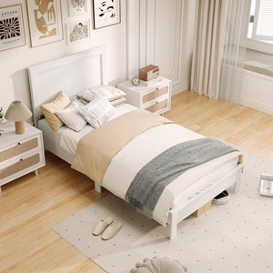 Twin Size Wooden Bed Frame with Headboard and Slat Support-White view 2