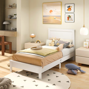 Twin Size Wooden Bed Frame with Headboard and Slat Support-White view 3