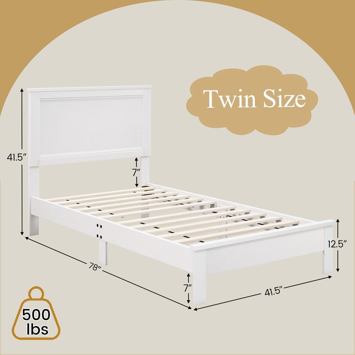 Twin Size Wooden Bed Frame with Headboard and Slat Support-White view 4