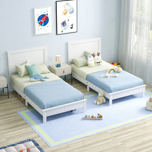 Twin Size Wooden Bed Frame with Headboard and Slat Support-White view 6
