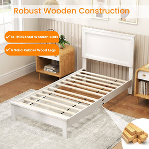 Twin Size Wooden Bed Frame with Headboard and Slat Support-White view 7