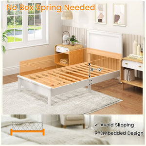 Twin Size Wooden Bed Frame with Headboard and Slat Support-White view 8