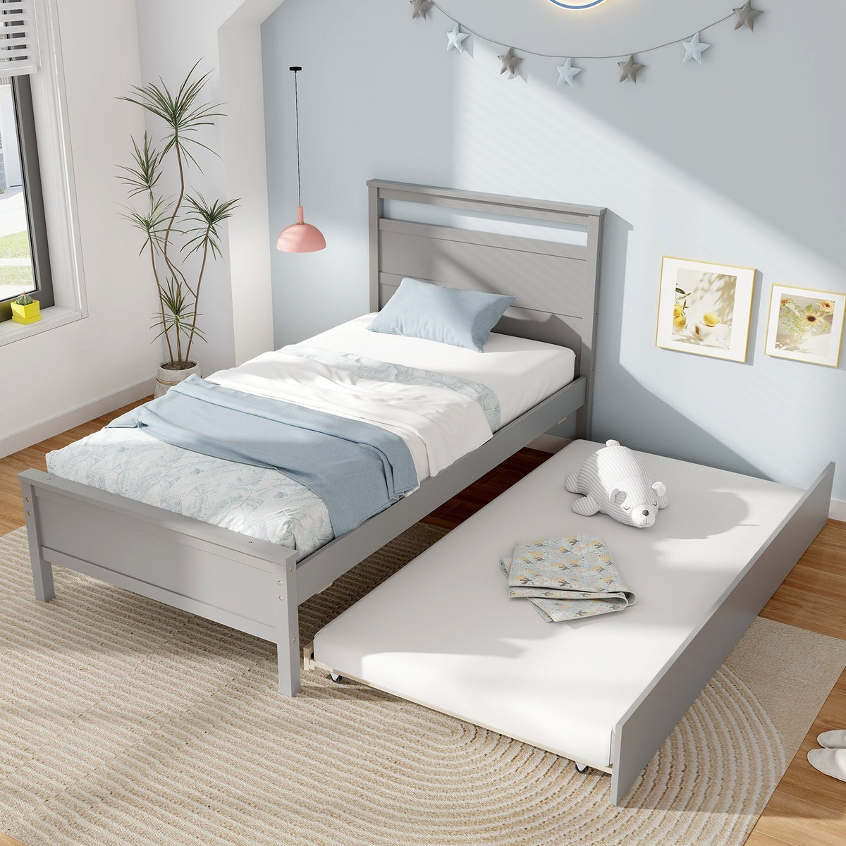 Twin Size Wooden Bed Frame with Trundle for Teens and Adults-Gray view 2