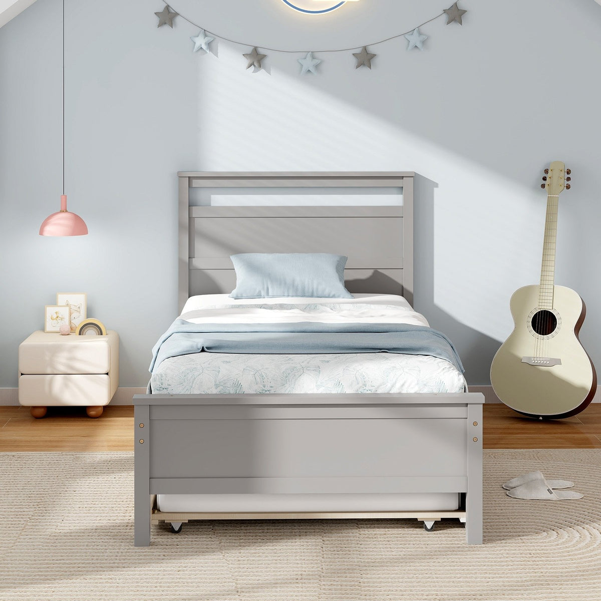 Twin Size Wooden Bed Frame with Trundle for Teens and Adults-Gray view 3
