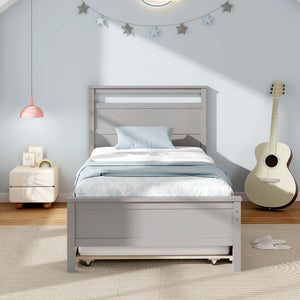 Twin Size Wooden Bed Frame with Trundle for Teens and Adults-Gray view 3