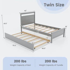 Twin Size Wooden Bed Frame with Trundle for Teens and Adults-Gray view 4