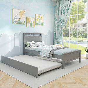 Twin Size Wooden Bed Frame with Trundle for Teens and Adults-Gray view 6