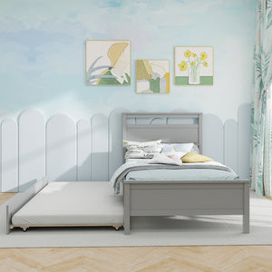 Twin Size Wooden Bed Frame with Trundle for Teens and Adults-Gray view 7