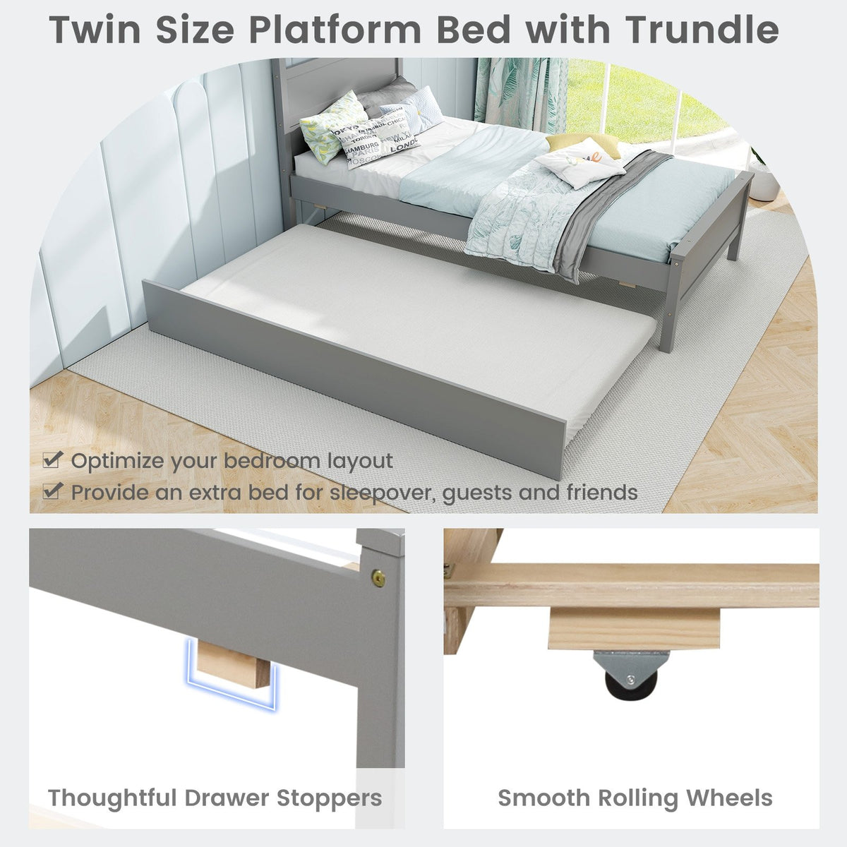 Twin Size Wooden Bed Frame with Trundle for Teens and Adults-Gray view 9